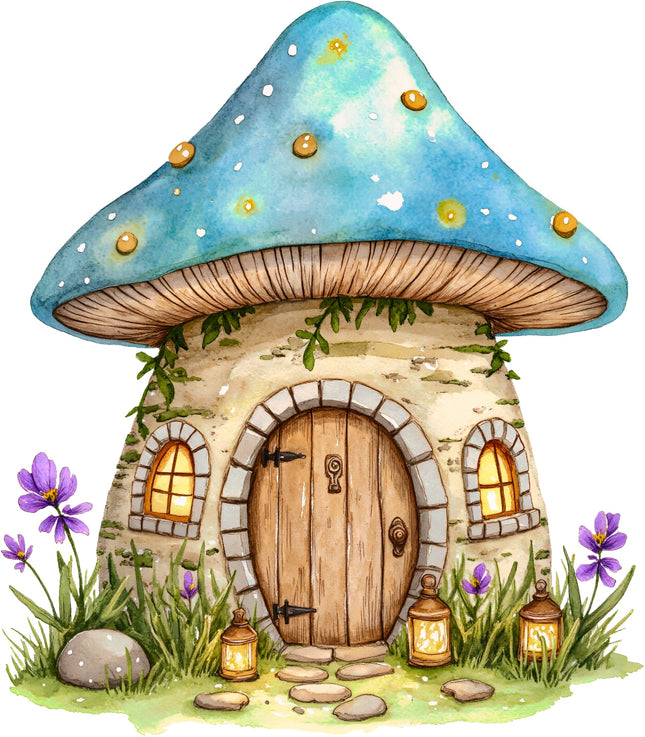 Fantasy mushroom-shaped house quilt panel
