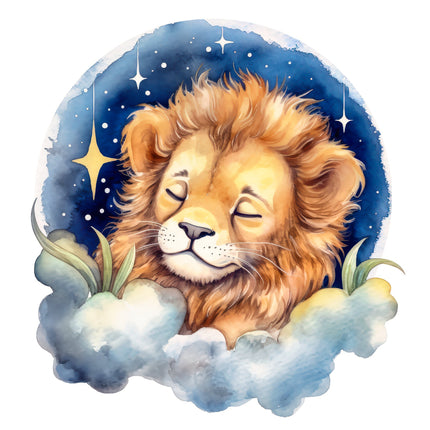 lion with closed eyes on a cloud against a starry night sky fabric panel