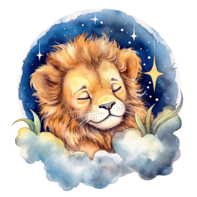 Illustration of a lion with closed eyes on a cloud against a starry night sky quilt block