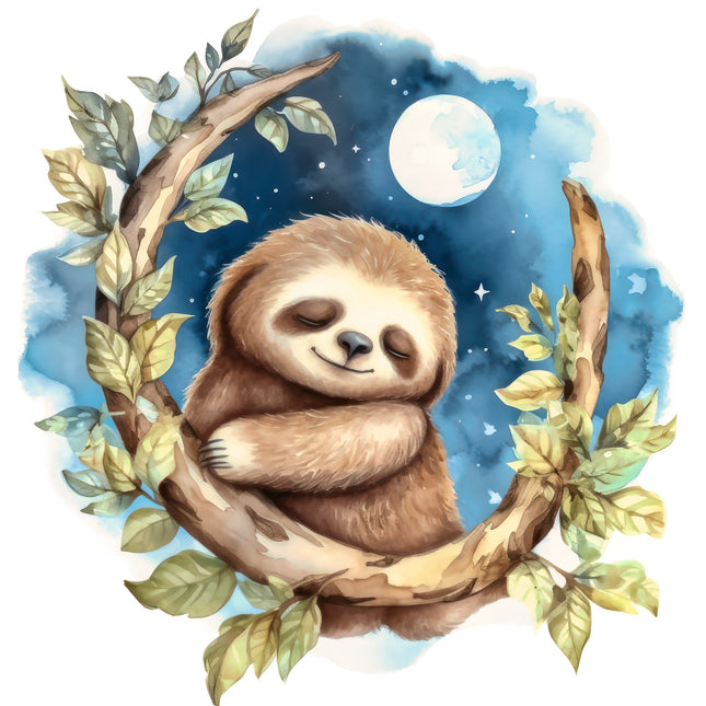 Illustration of a sloth on a branch with a night sky and moon fabric panel