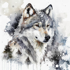 fabric panel of a wolf with watercolor textures and snowy background