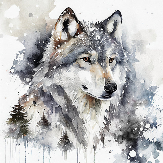 fabric panel of a wolf with watercolor textures and snowy background