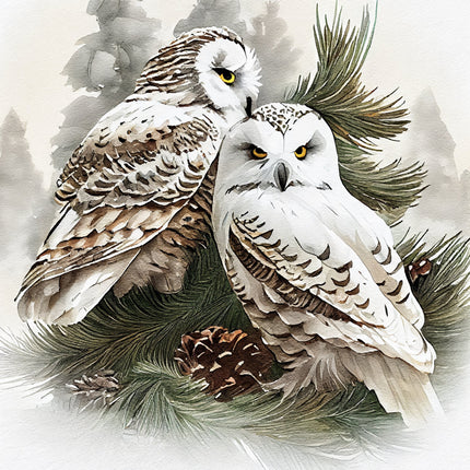 Two owls perched on a branch with pinecones and leaves quilt panel