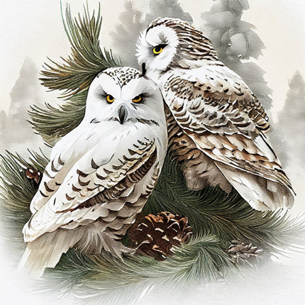 Two owls perched on a branch with pine cones and leaves quilt block
