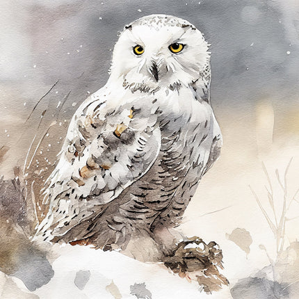 White owl with brown spots in a snowy landscape fabric panel