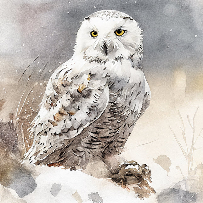 White owl with brown spots in a snowy landscape fabric panel