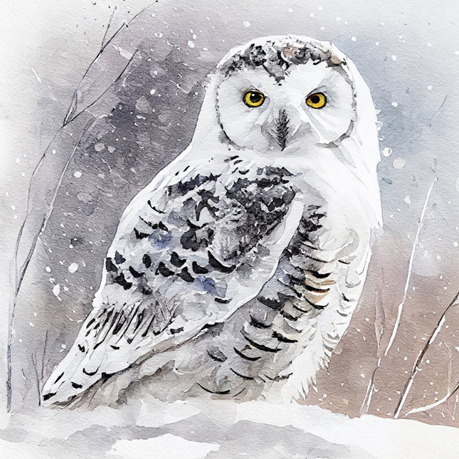 White owl with black spots against a snowy background quilt panel