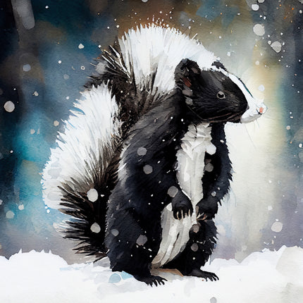 skunk in a snowy landscape quilt panel