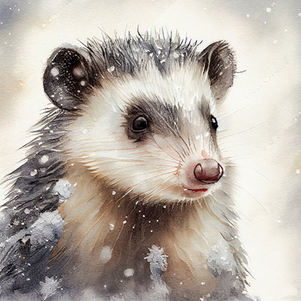 Illustration of an opossum in a snowy setting quilt panel