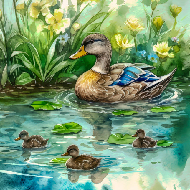 Ducks swimming in a pond with lily pads and flowers fabric panel