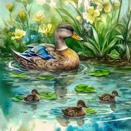 Ducks swimming in a pond quilt panel