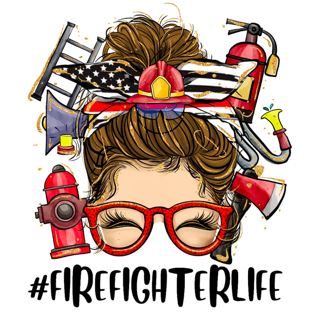 Illustration of a firefighter's helmet, axe, fire hydrant, and megaphone with 'Firefighter Life' text.
