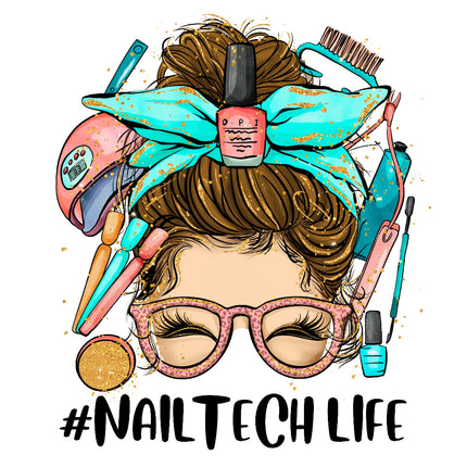 Illustration of a woman's face with hair and makeup tools, featuring the text '#NailTechLife'.