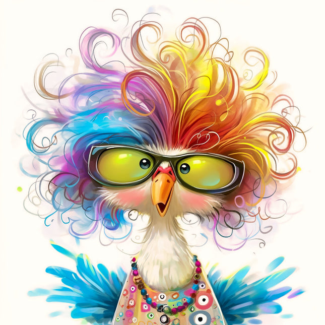 Colorful cartoon bird with sunglasses and a vibrant hairstyle fabric panel