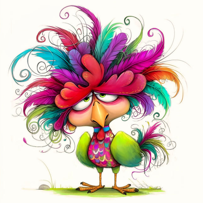 Colorful cartoon rooster with vibrant feathers quilt block