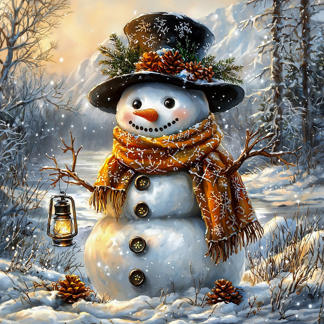 Snowman with a top hat, scarf, and lantern in a snowy landscape quilt block