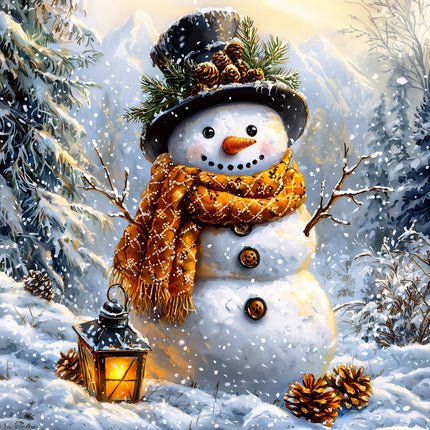 Snowman with a lantern, scarf, and hat in a snowy landscape fabric panel