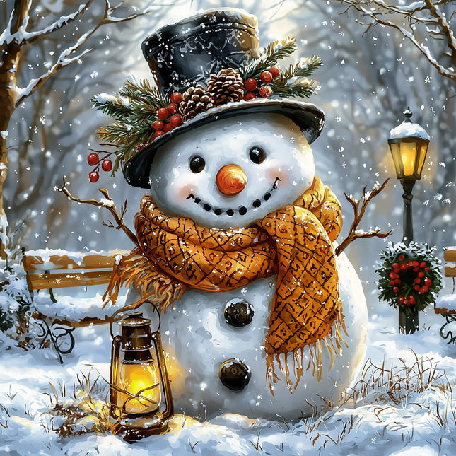 Snowman with a top hat, scarf, and lantern in a snowy scene fabric panel