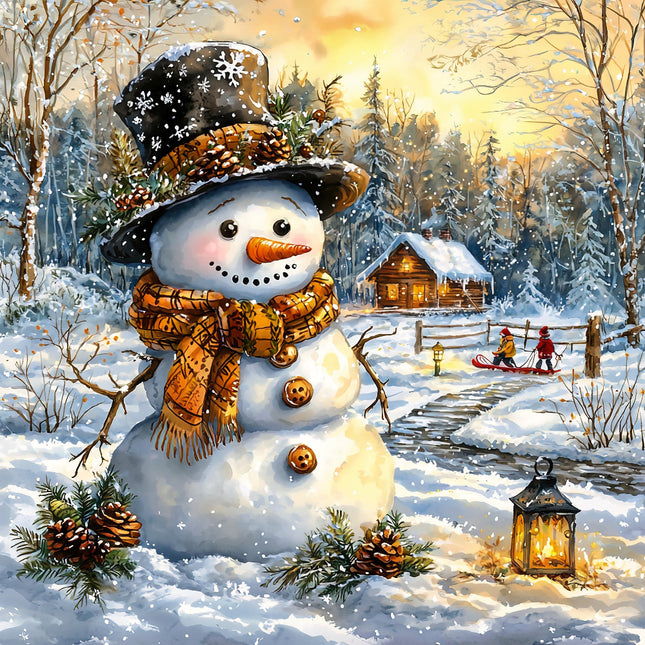 Snowman in a winter scene with a cabin and lantern fabric panel