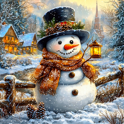 Snowman with a top hat and scarf in a snowy village scene fabric panel