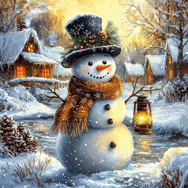 Snowman with a top hat and scarf in a snowy village scene with lanterns and houses.