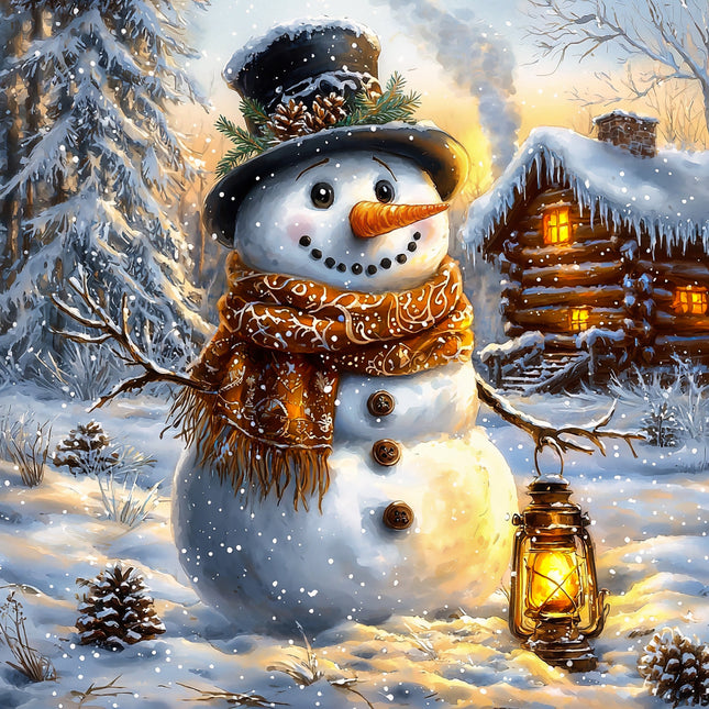 Snowman with a top hat, scarf, and lantern in a snowy landscape with a cabin quilt panel