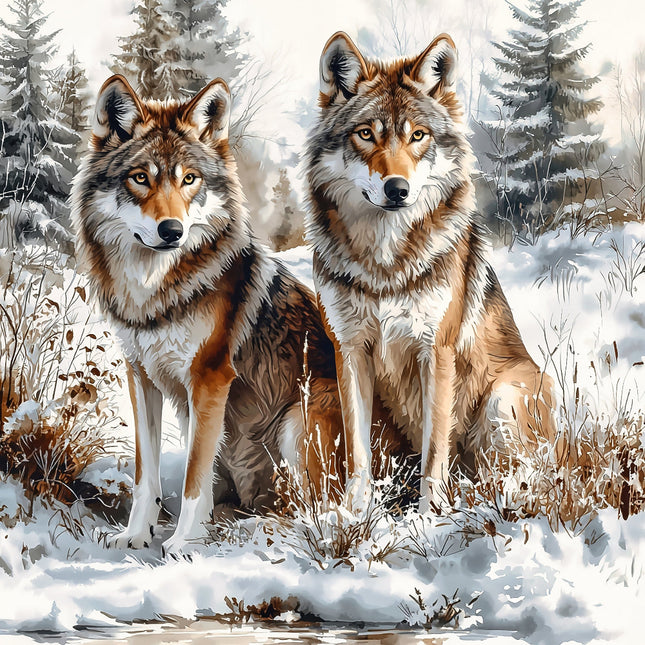 Two wolves standing in a snowy forest with trees and snow on the ground fabric panel