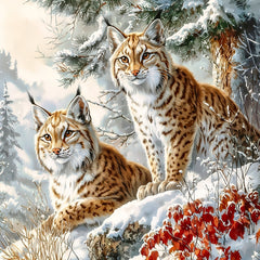 Two lynx in a snowy forest with autumn leaves fabric panel