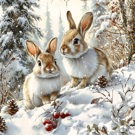 Two rabbits in a snowy landscape with trees and berries quilt panel