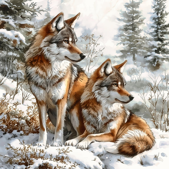 Two wolves in a snowy forest with trees and snow-covered ground fabric panel