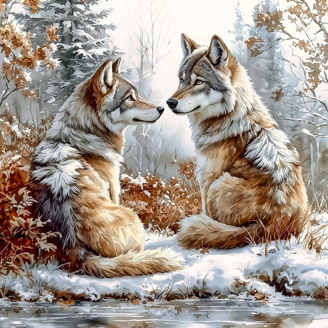 Two wolves sitting close to each other in a snowy forest quilt panel