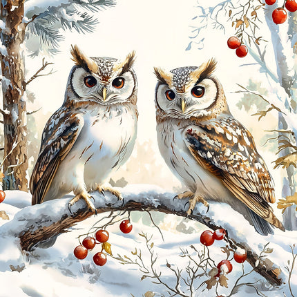 Two owls perched on a branch with berries and snow fabric panel
