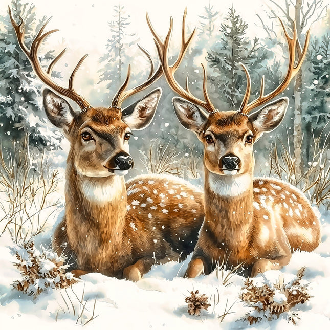Two deer standing in a snowy forest with snow-covered trees and ground quilt panel
