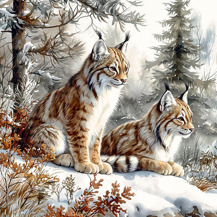 Two lynx in a snowy forest setting fabric panel