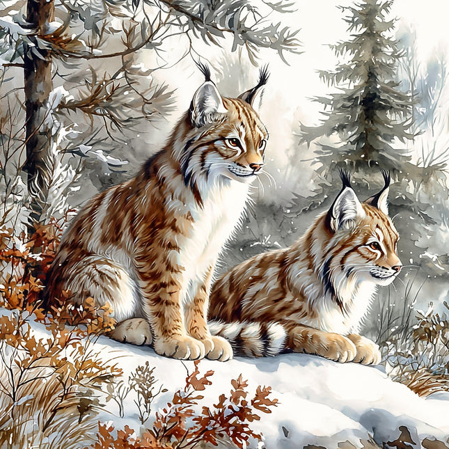 Two lynx in a snowy forest setting fabric panel