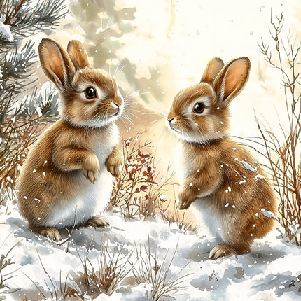 Two rabbits in a snowy landscape with snowflakes falling.
