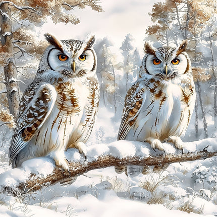 Two owls perched on a branch in a snowy forest fabric panel