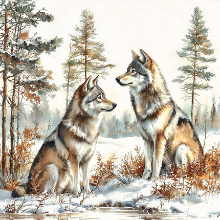 Two wolves standing in a snowy forest with trees fabric panel
