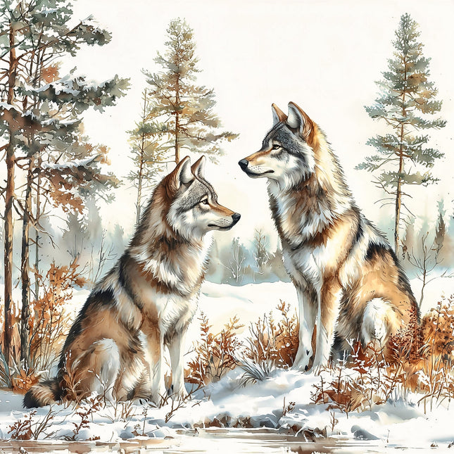 Two wolves standing in a snowy forest with trees fabric panel