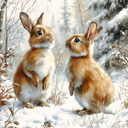Two rabbits in a snowy forest scene fabric panel