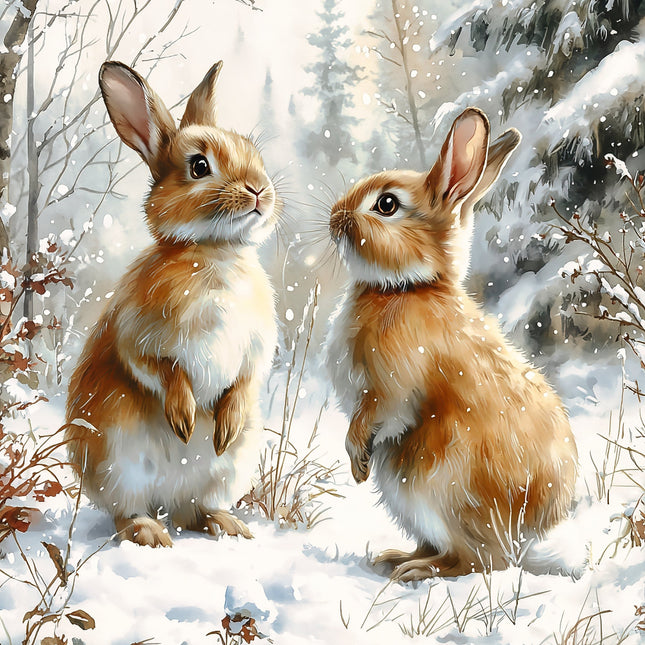Two rabbits in a snowy forest scene fabric panel