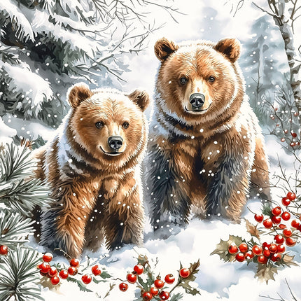 Two bears sitting in the snow with holly berries and pine branches fabric panel
