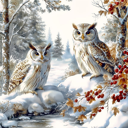 Two owls in a snowy forest with berries and trees fabric panel