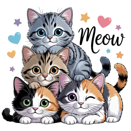 Four cartoon cats with colorful hearts and stars fabric panel