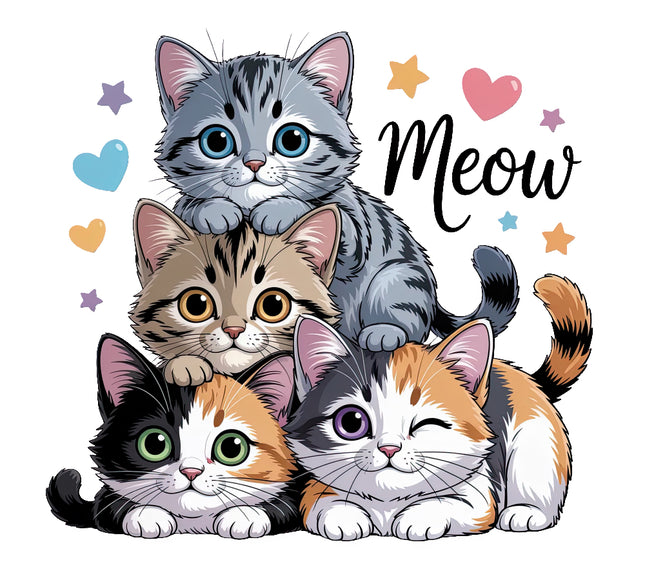 Four cartoon cats with colorful hearts and stars fabric panel