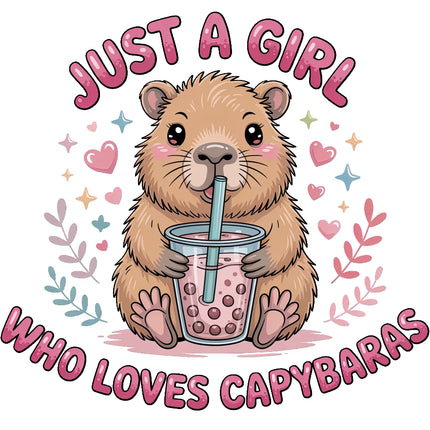 Cute illustration of a capybara holding a bubble tea with text 'Just a girl who loves capybaras' fabric panel