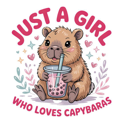 Cartoon capybara holding a pink drink with text 'Just a girl who loves capybaras' fabric panel