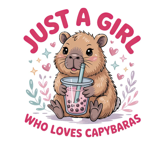Cartoon capybara holding a pink drink with text 'Just a girl who loves capybaras' fabric panel