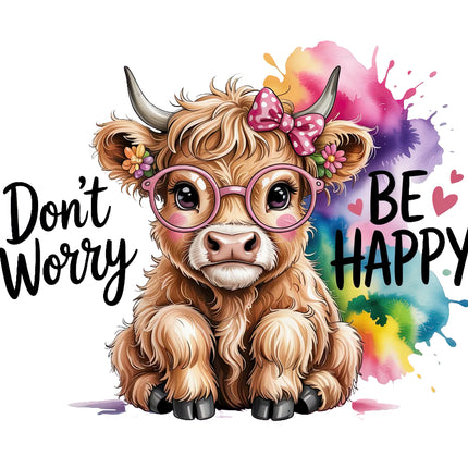 Cartoon cow with glasses and a bow, surrounded by colorful splashes with Don't Worry fabric panel