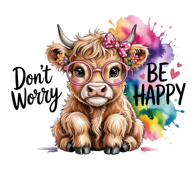 Cartoon cow with glasses and a bow, surrounded by colorful splashes with Don't Worry fabric panel